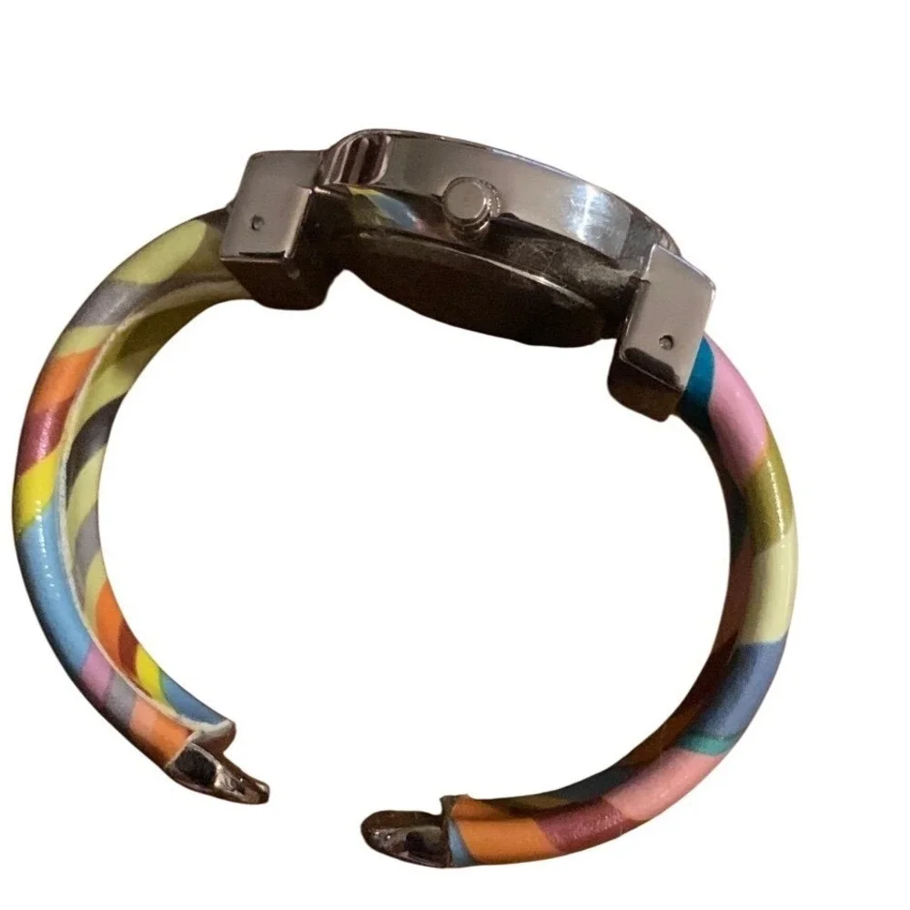 Eclipse Bronze Tone Bangle Cuff Watch‎ Rainbow Stripe Band Rhinestone Accents